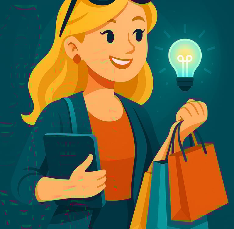 a female AI shopping assistant holding a cell phone and a bag