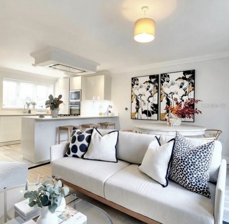 Staged living area designed to make a small space feel open, practical, and inviting