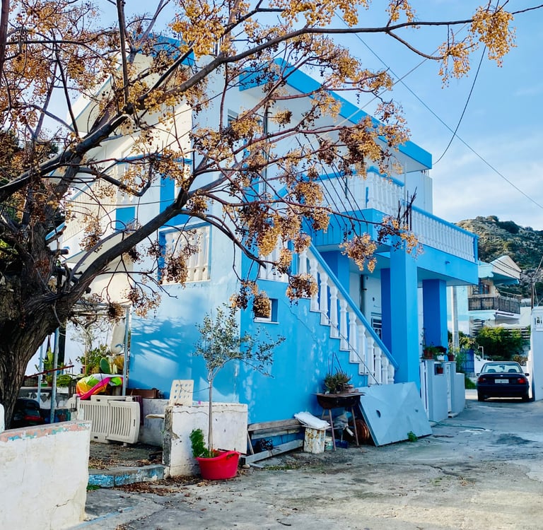 a blue house with a tree in the foreground