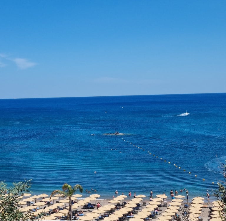 Wide view of a sunny beach resort with tan umbrellas and people swimming in deep blue ocean water.