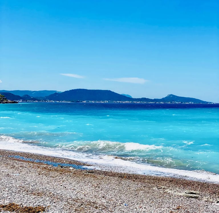 a beach with a surfboard and a surfboard