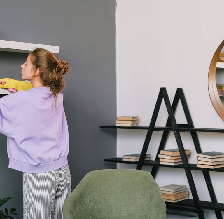 Dusting shelves during housekeeping service
