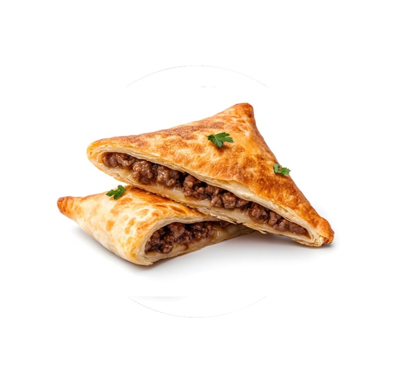 Golden fried lukhmi pastry cut open showing minced meat filling
