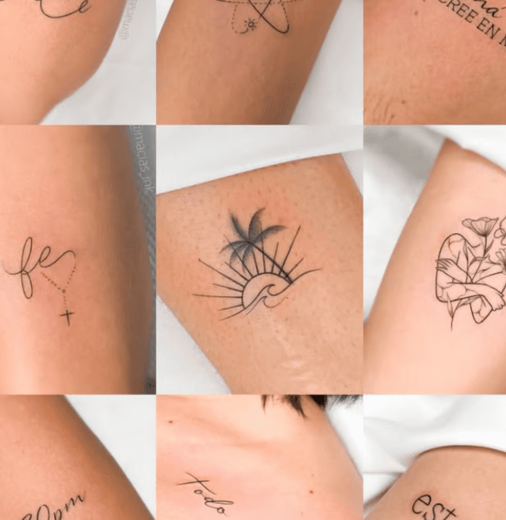 Collage of minimalist fine line tattoos featuring sun, palm tree, cross, and script designs.