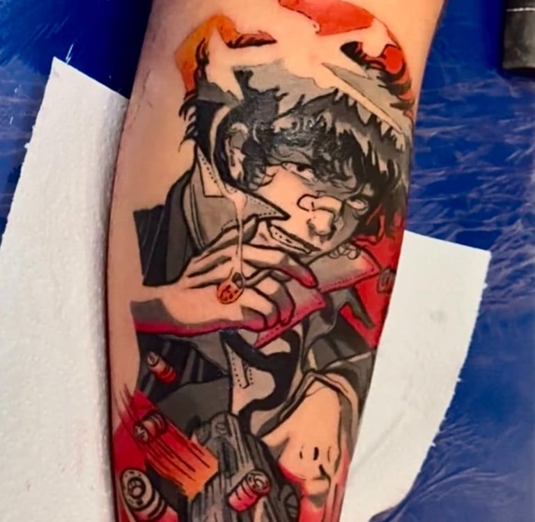 Cowboy Bebop Spike Spiegel anime tattoo with red highlights and gun details.