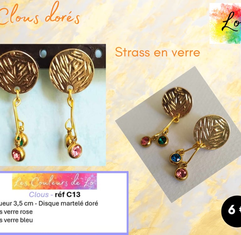 Boucles clous dorés strass verre rose verre bleu Les Couleurs de Lo