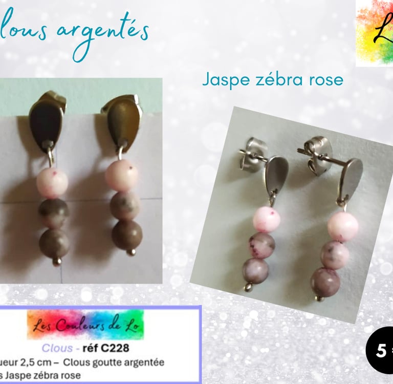 Boucles clous argentés Jaspe zébra rose Les Couleurs de Lo