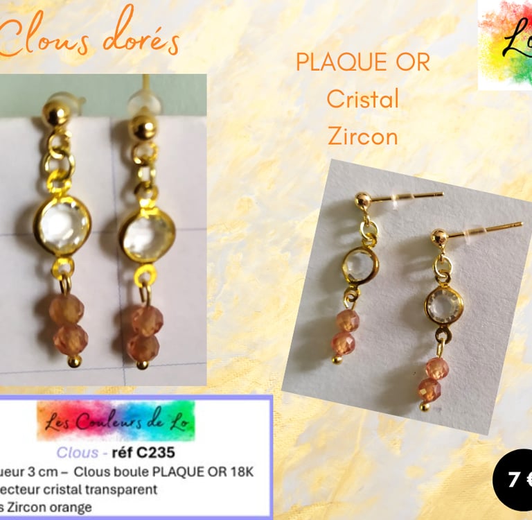 Boucles clous dorés cristal transparent Zircon orange Les Couleurs de Lo