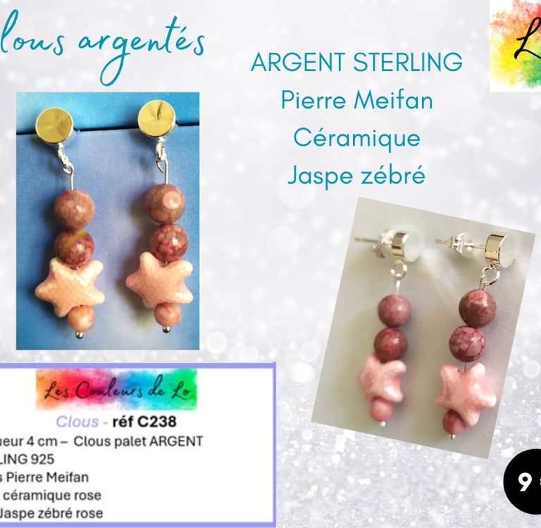 Boucles clous Argent 925 Pierre Meifan étoile céramique rose Jaspe zébré rose Les Couleurs de Lo