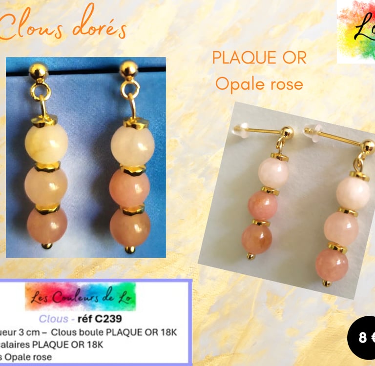 Boucles clous Plaqué or Opale rose Les Couleurs de Lo