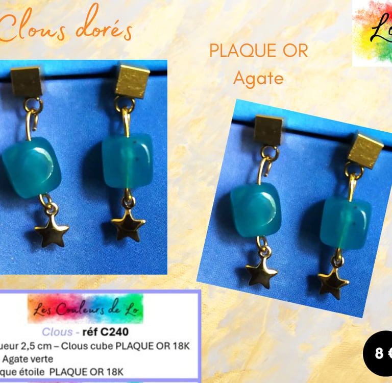Boucles clous Plaqué or Agate verte étoile Plaqué or Les Couleurs de Lo