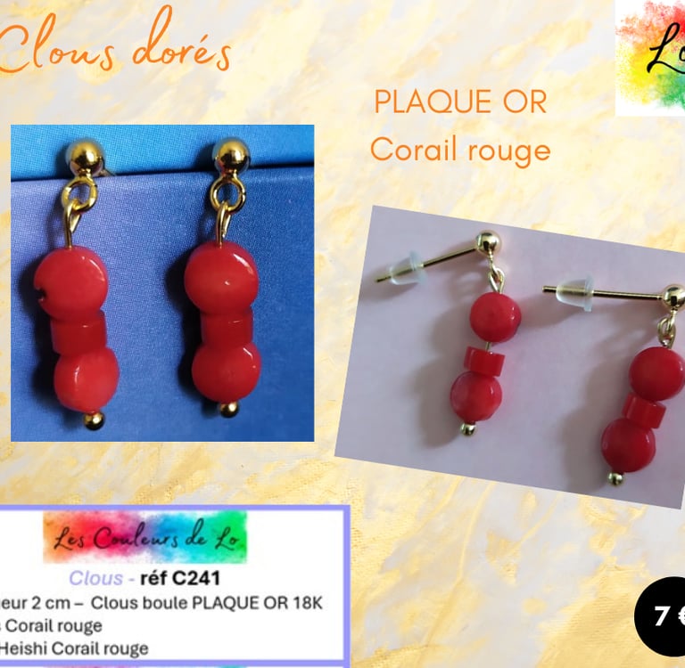 Boucles clous Plaqué or Corail rouge Les Couleurs de Lo