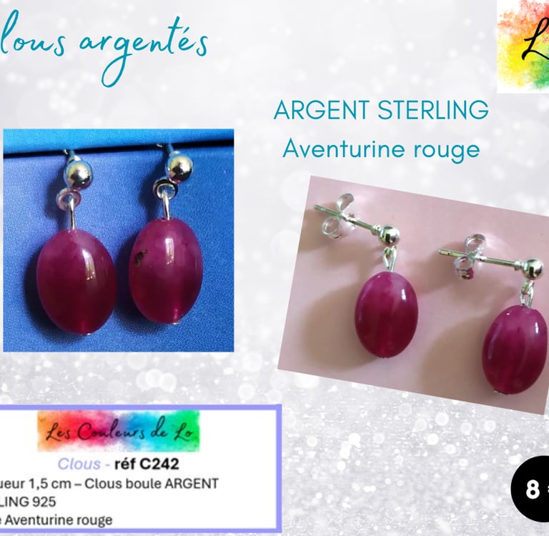 Boucles clous Argent 925 Aventurine rouge Les Couleurs de Lo