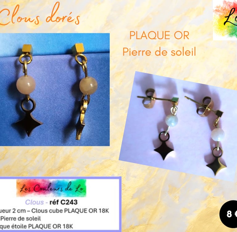 Boucles clous Plaqué or Pierre de soleil étoile Plaqué or Les Couleurs de Lo