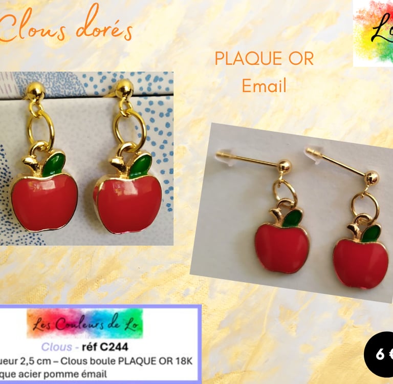 Boucles clous Plaqué or pomme émail rouge Les Couleurs de Lo