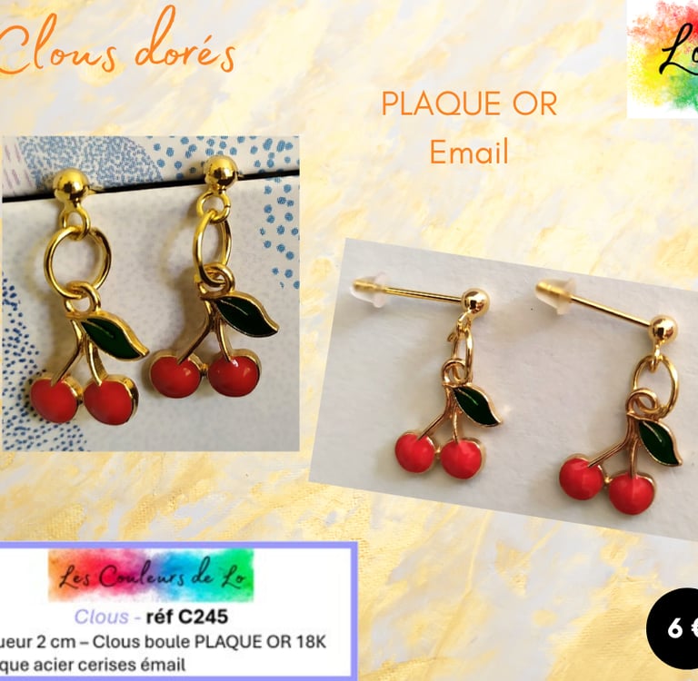 Boucles clous Plaqué or cerises émail rouge Les Couleurs de Lo