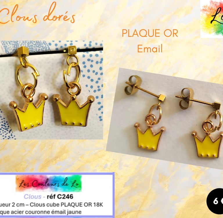Boucles clous Plaqué or couronne émail jaune Les Couleurs de Lo