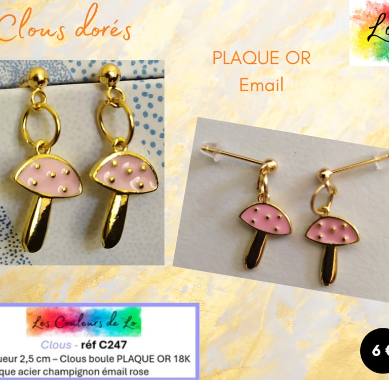 Boucles clous Plaqué or champignon émail rose Les Couleurs de Lo
