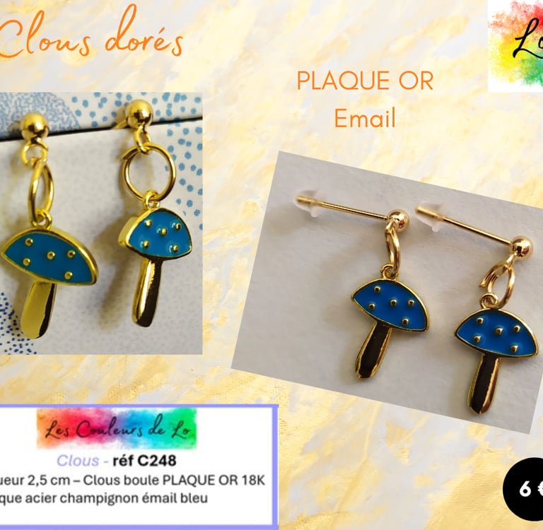 Boucles clous Plaqué or champignon émail bleu Les Couleurs de Lo