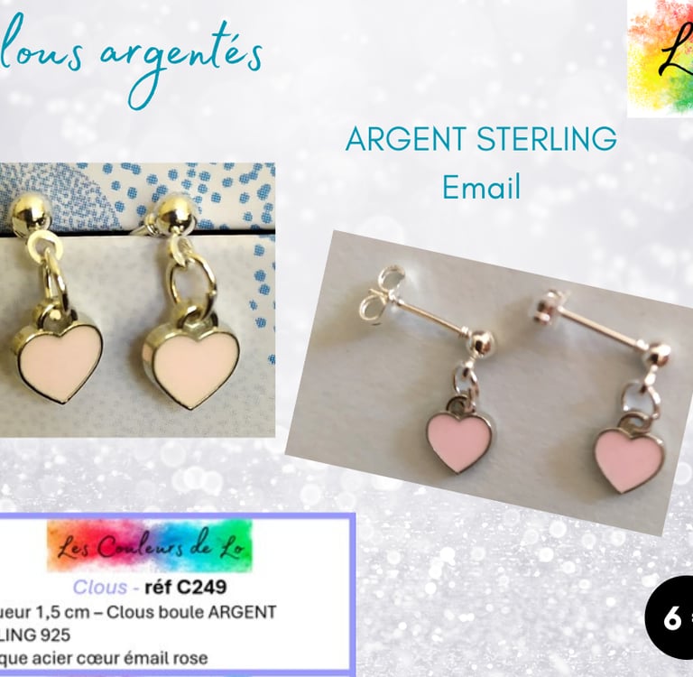 Boucles clous Argent 925 cœur émail rose Les Couleurs de Lo