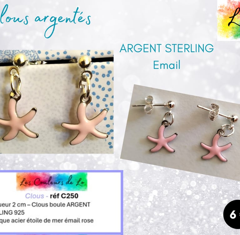 Boucles clous Argent 925 étoile de mer émail rose Les Couleurs de Lo