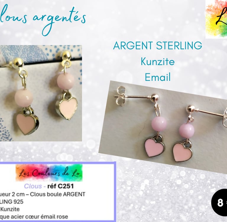 Boucles clous Argent 925 Kunzite cœur émail rose Les Couleurs de Lo