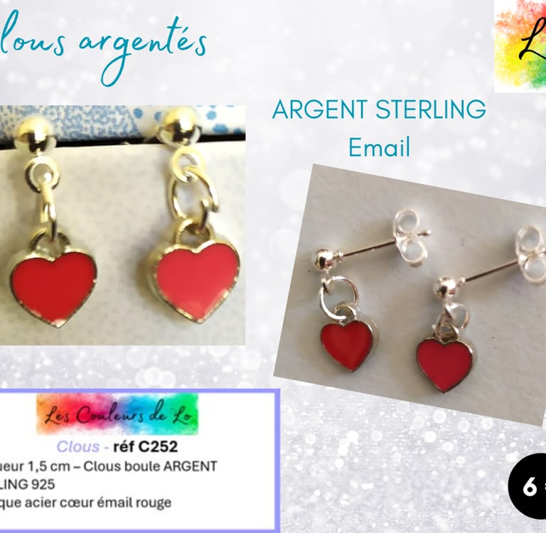 Boucles clous Argent 925 cœur émail rouge Les Couleurs de Lo
