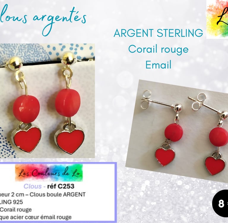 Boucles clous Argent 925 Corail rouge cœur émail rouge Les Couleurs de Lo