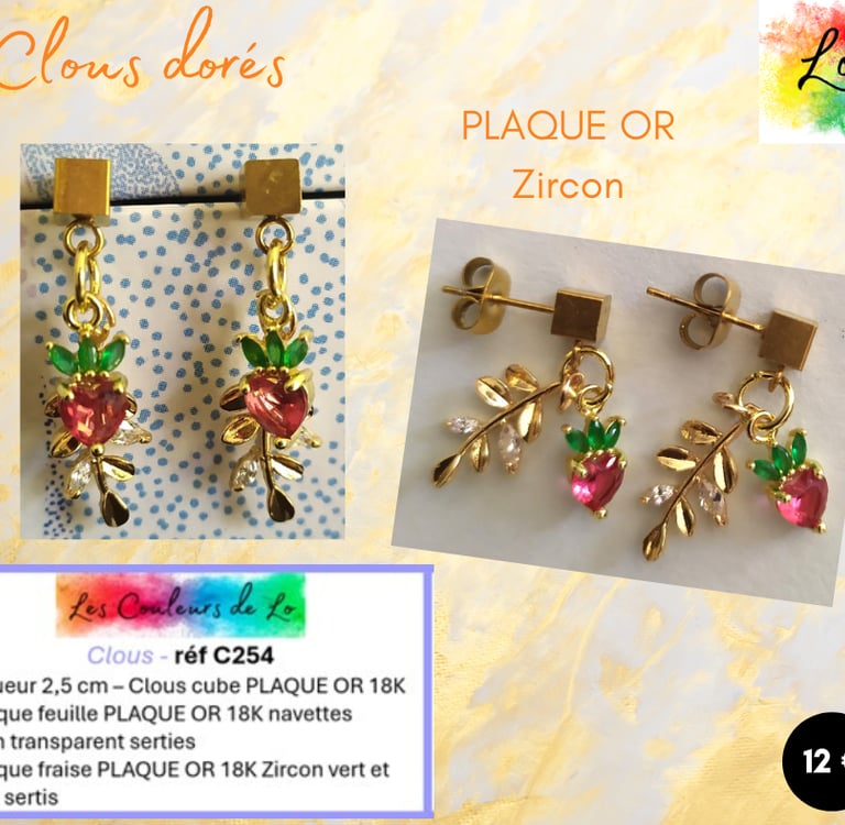 Boucles clous Plaqué or feuille fraise Plaqué or Zircon Les Couleurs de Lo