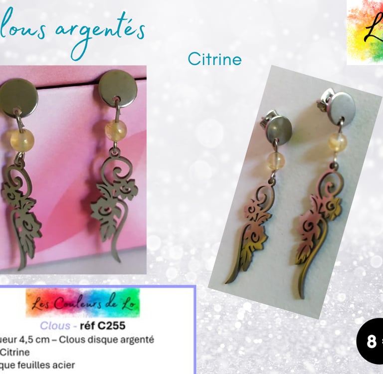 Boucles clous argentés Citrine feuilles argentées Les Couleurs de Lo