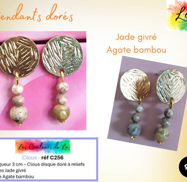 Boucles clous doré Jade givré Agate bambou Les Couleurs de Lo