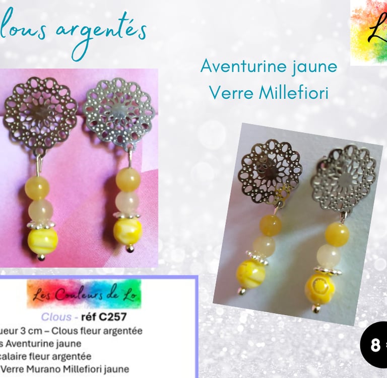 Boucles clous argentés Aventurine jaune verre Millefiori jaune Les Couleurs de Lo