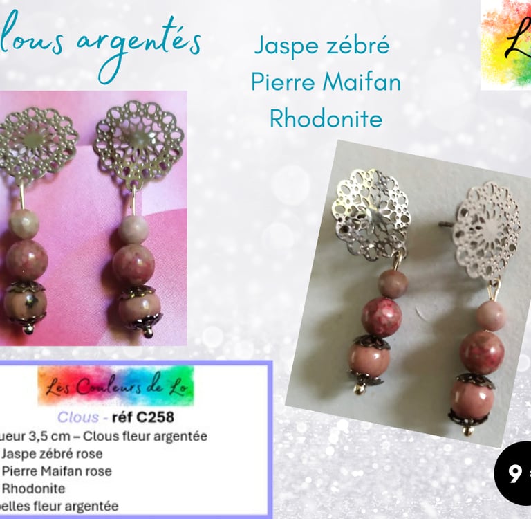 Boucles clous argentés Jaspe zébré Pierre Maifan Rhodonite Les Couleurs de Lo