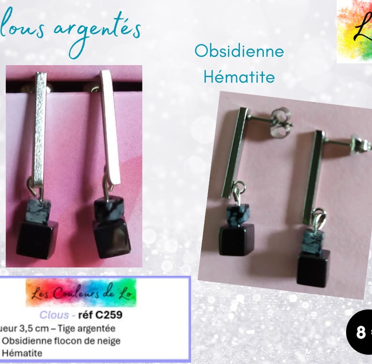 Boucles clous argentés Obsidienne flocon de neige Hématite Les Couleurs de Lo