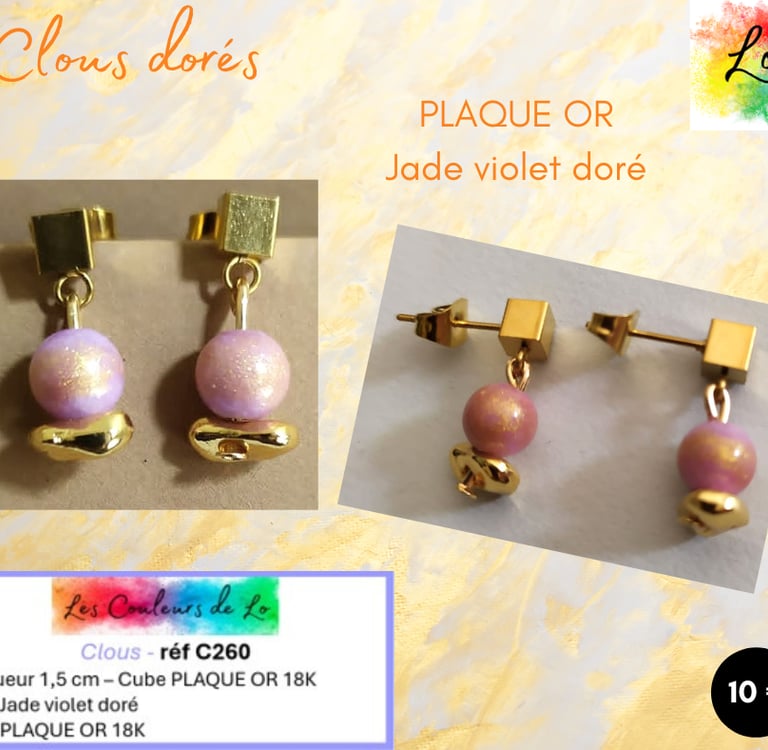 Boucles clous Plaqué or Jade violet doré palet Plaqué or Les Couleurs de Lo