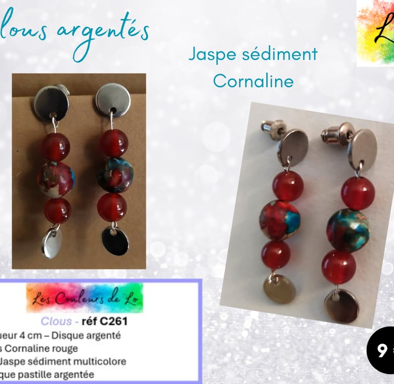 Boucles clous argentés Cornaline Jaspe sédiment pastille argentée Les Couleurs de Lo
