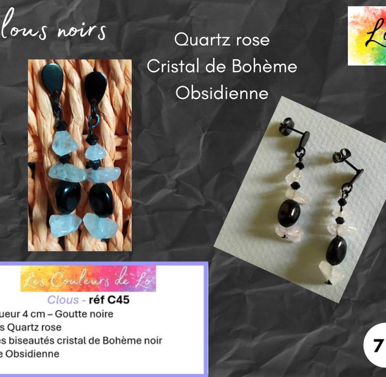 Boucles clous noirs Quartz rose cristal de Bohème noir Obsidienne Les Couleurs de Lo