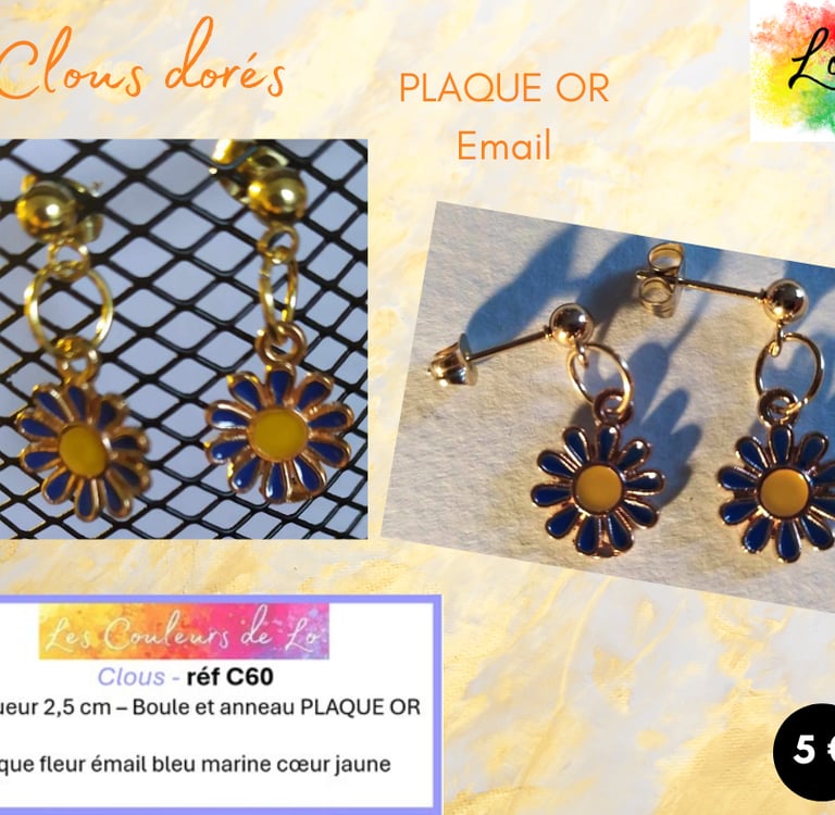 Boucles clous Plaqué or fleur émail bleu Les Couleurs de Lo