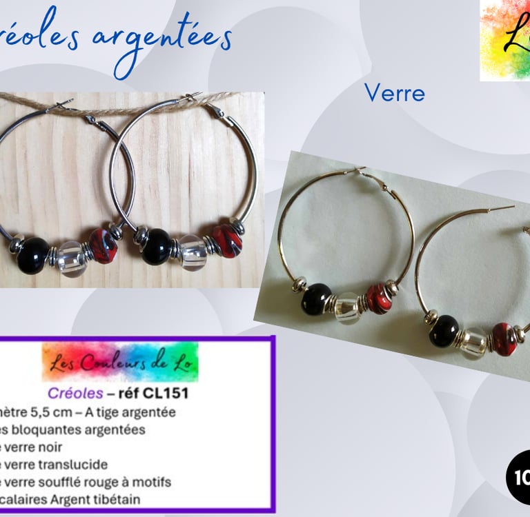 Créoles argentées 5,5 cm verre noir et translucide verre soufflé rouge à motifs Les Couleurs de Lo