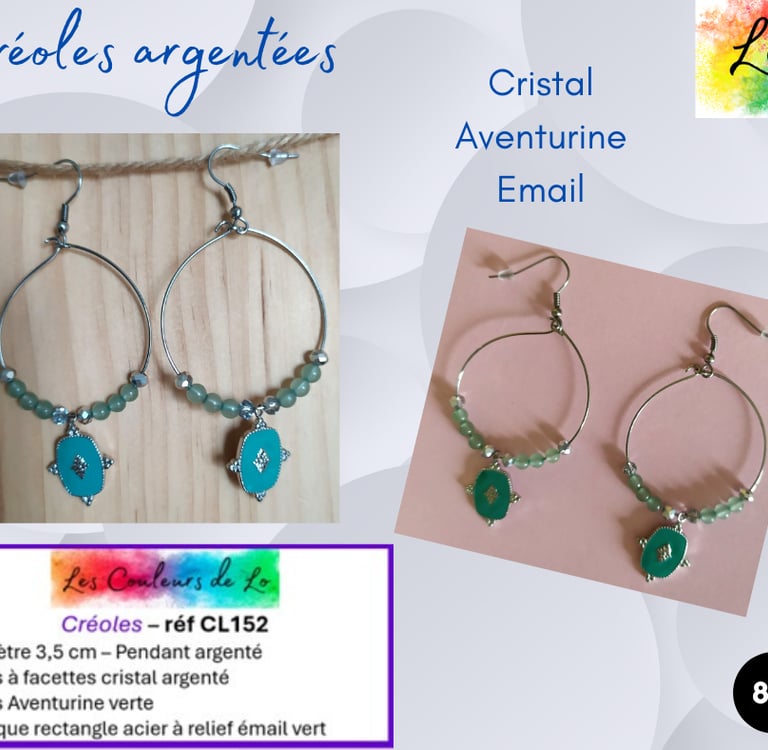 Créoles argentées 3,5 cm Aventurine verte breloque émail vert Les Couleurs de Lo