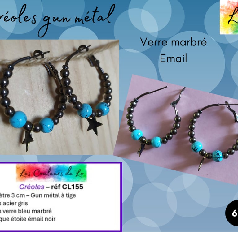 Créoles gun métal 3 cm verre marbré bleu étoile émail noir Les Couleurs de Lo