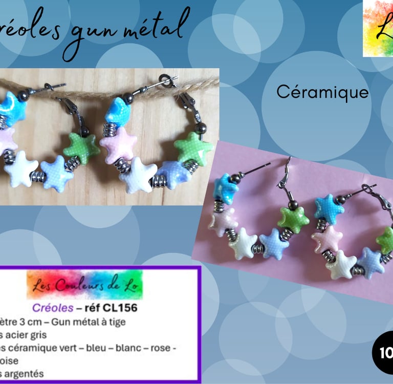 Créoles gun métal 3 cm étoiles céramique 4 couleurs Les Couleurs de Lo