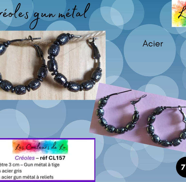 Créoles gun métal 3 cm tubes acier à reliefs Les Couleurs de Lo