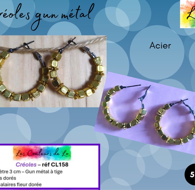 Créoles gun métal 3 cm cubes fleurs dorés Les Couleurs de Lo