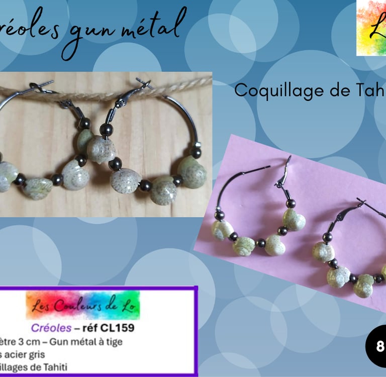 Créoles gun métal 3 cm coquillages de Tahiti Les Couleurs de Lo