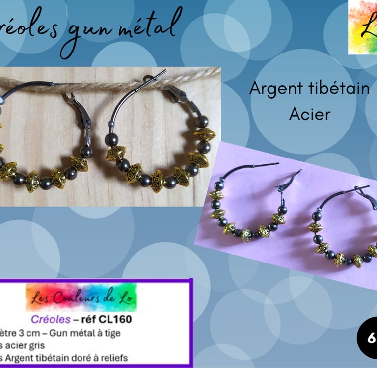 Créoles gun métal 3 cm Argent tibétain doré à reliefs Les Couleurs de Lo