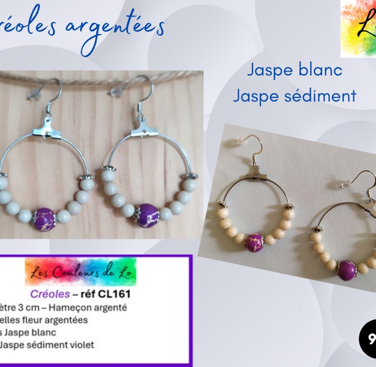 Créoles argentées 3 cm Jaspe blanc Jaspe sédiment violet Les Couleurs de Lo