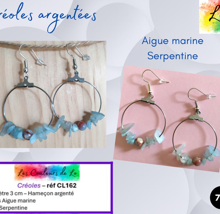 Créoles argentées 3 cm Aigue marine Serpentine Les Couleurs de Lo