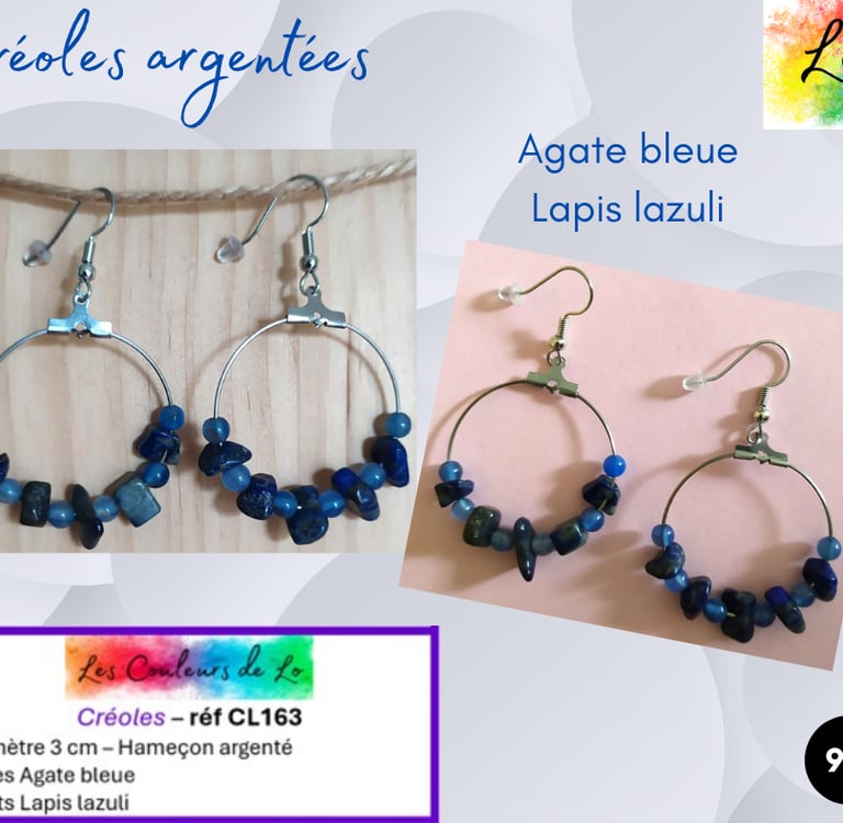 Créoles argentées 3 cm Agate bleue Lapis lazuli Les Couleurs de Lo