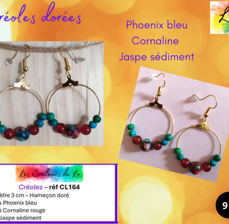 Créoles dorées 3 cm Phoenix bleu Cornaline Jaspe sédiment Les Couleurs de Lo